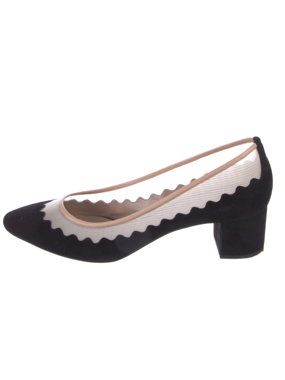 Chloé Scalloped Suede Mesh Accent Black & Burgundy Block Heel Shoes Size 40